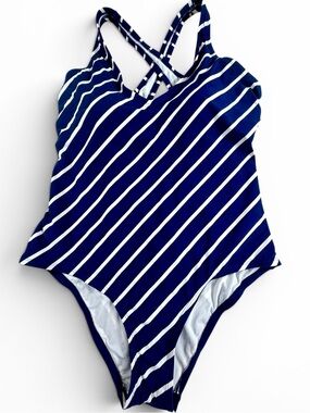 Kona Sol XL Blue White Striped One Piece Swimsuit Crisscross Open Back